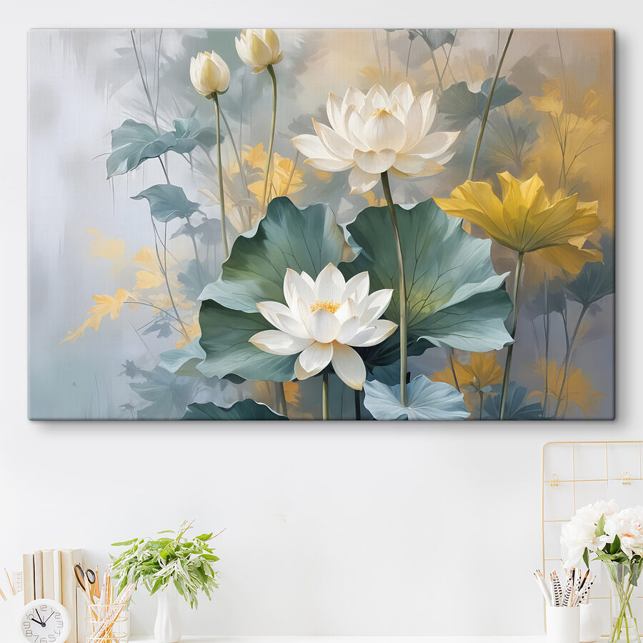 Schilderij van witte bloemen en groene bladeren Schilderij van witte bloemen en groene bladeren