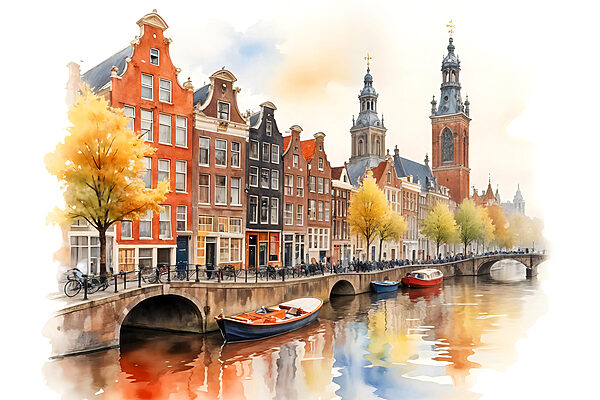 Aquarel van een kanaal met boten en gebouwen s40561p 600x400 - Aquarel van een kanaal met boten en gebouwen