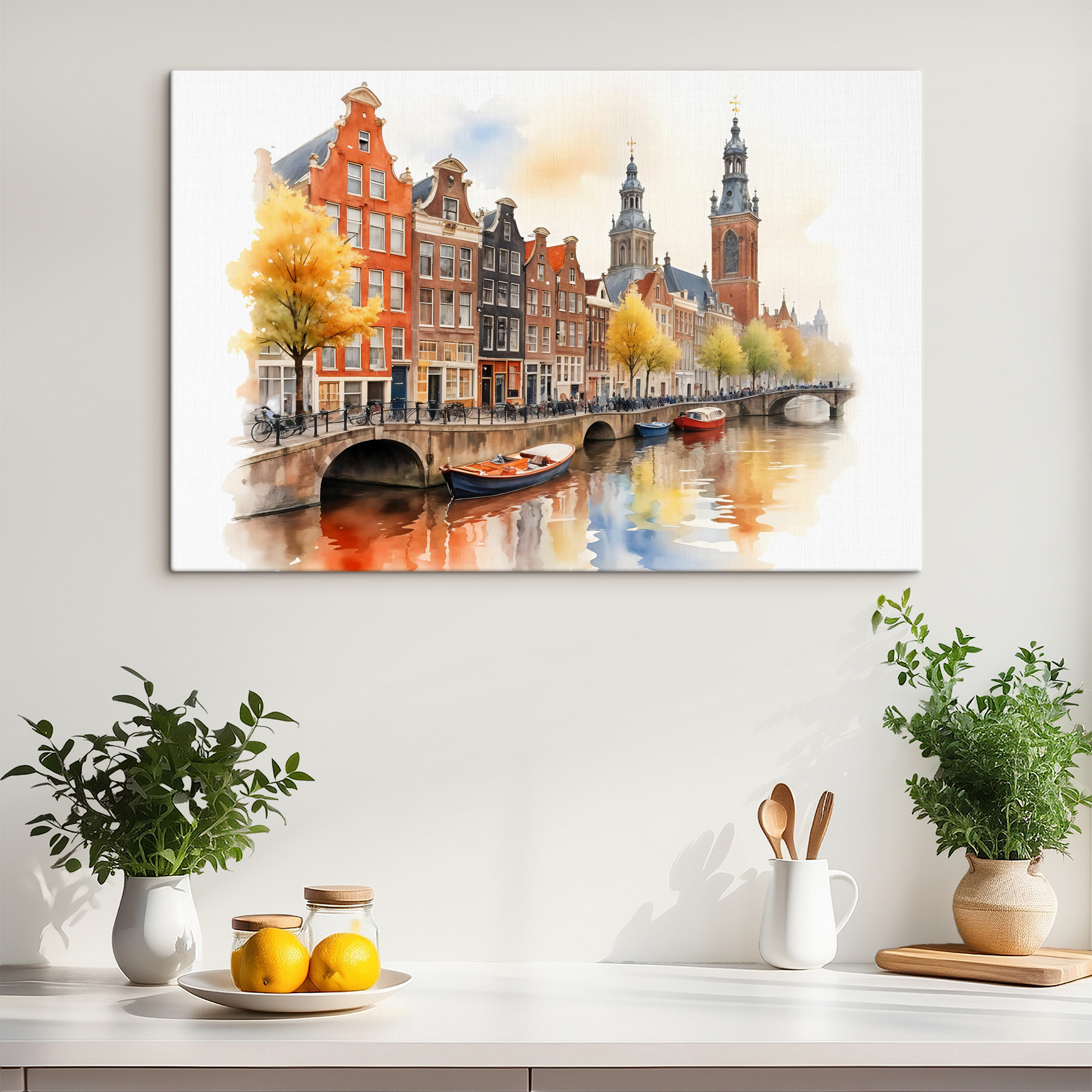 Watercolor of a canal with boats and buildings