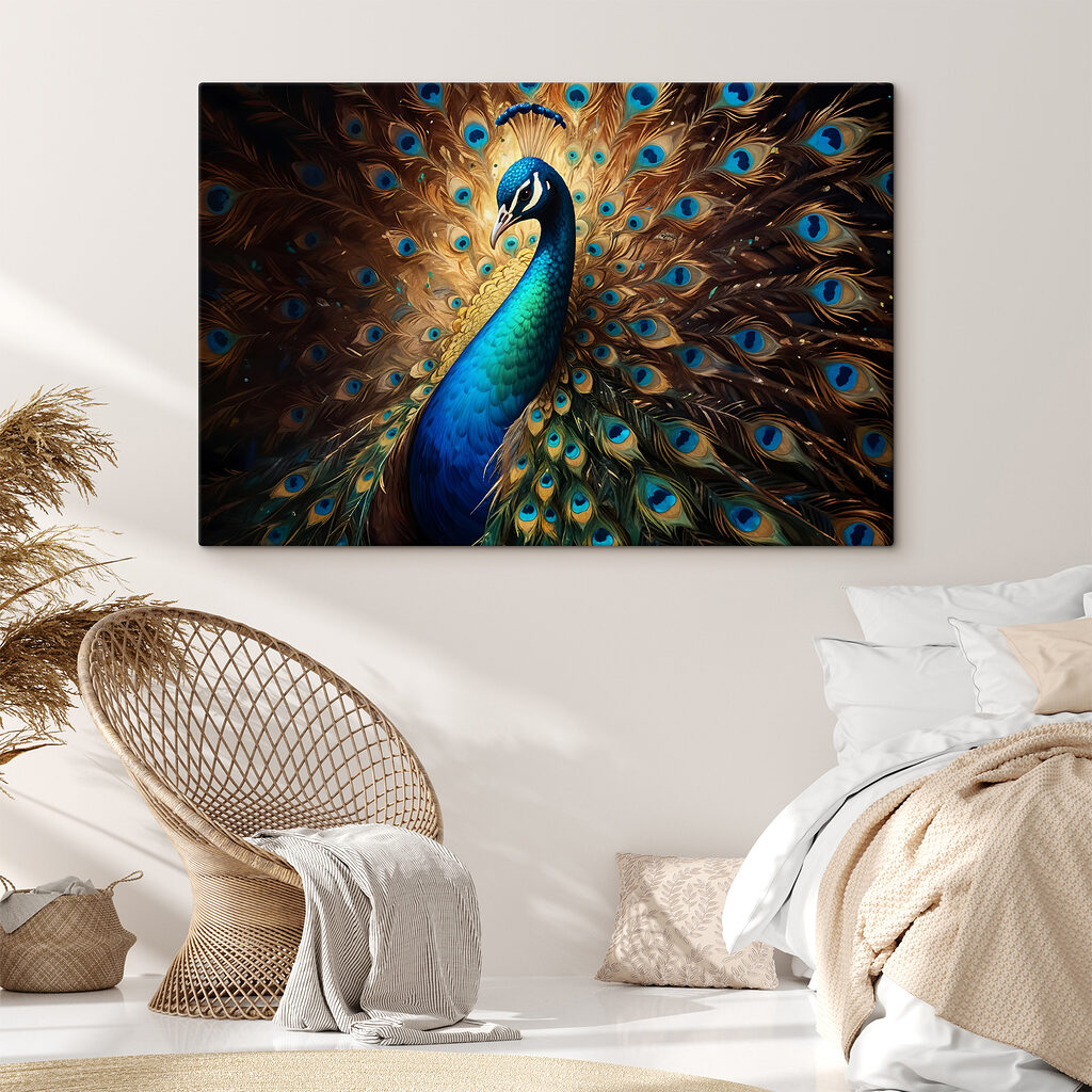 Peacock with its tail feathers spread out