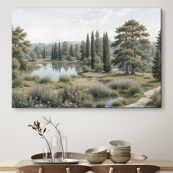 Meer met bomen en gras en bloemen Meer met bomen en gras en bloemen