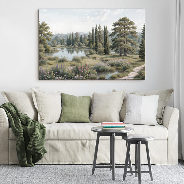 Meer met bomen en gras en bloemen Meer met bomen en gras en bloemen