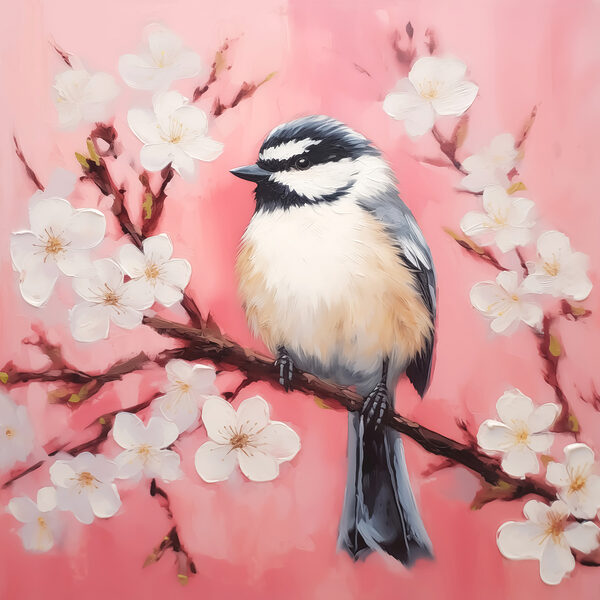 Vogel op een tak met witte bloemen Vogel op een tak met witte bloemen