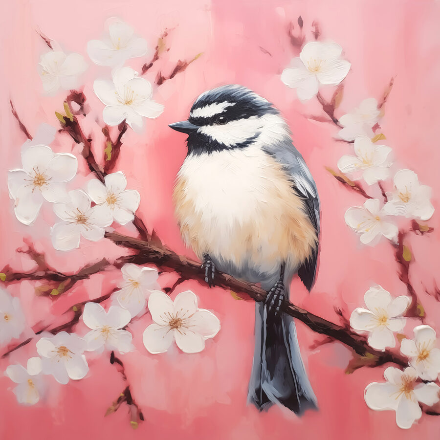 Vogel op een tak met witte bloemen Vogel op een tak met witte bloemen