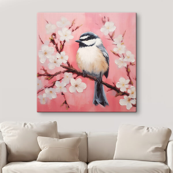 Vogel op een tak met witte bloemen Vogel op een tak met witte bloemen