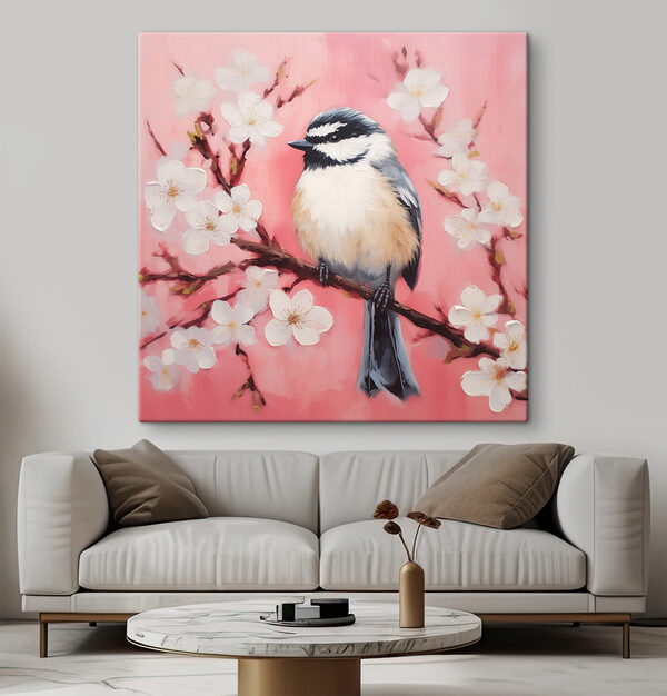 Vogel op een tak met witte bloemen Vogel op een tak met witte bloemen