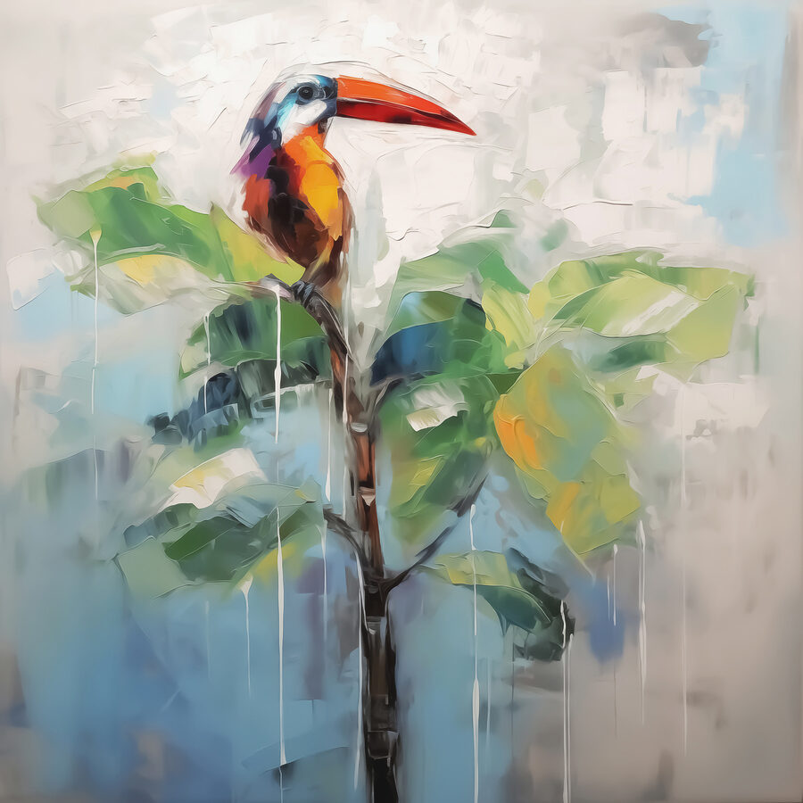 Schilderij van een vogel op een tak