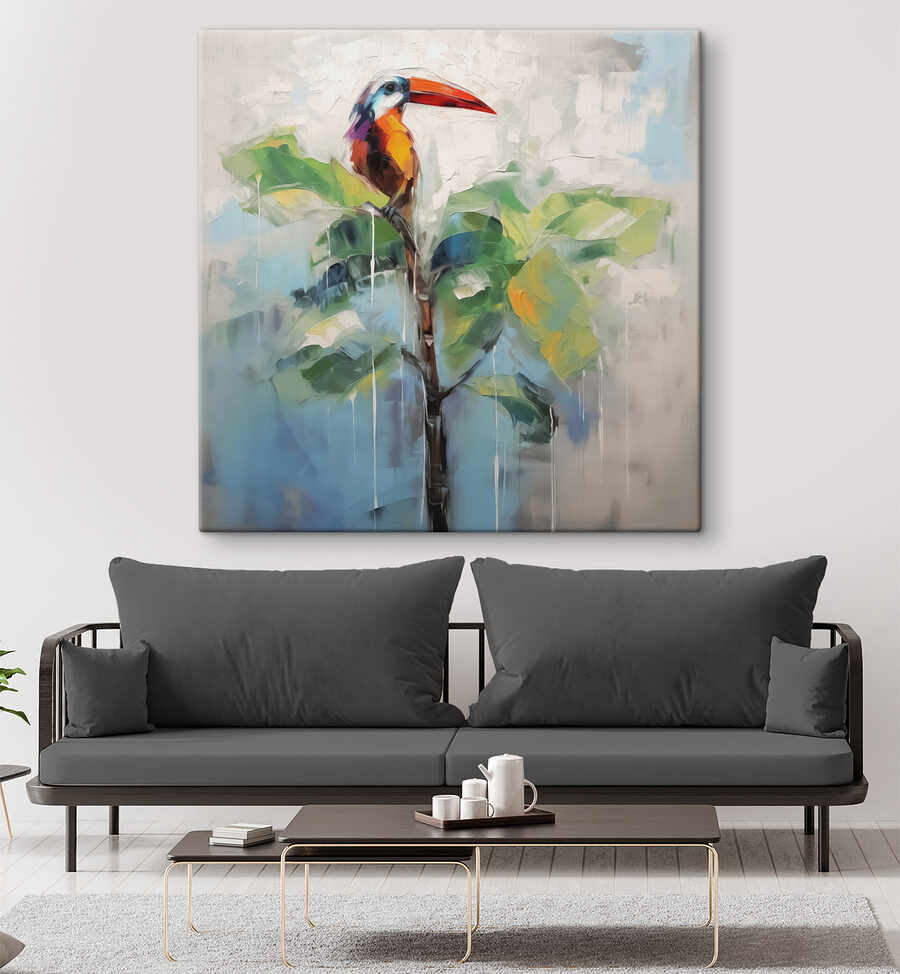 Schilderij van een vogel op een tak
