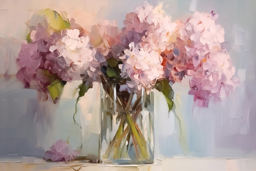 Schilderij van bloemen in een glazen vaas
