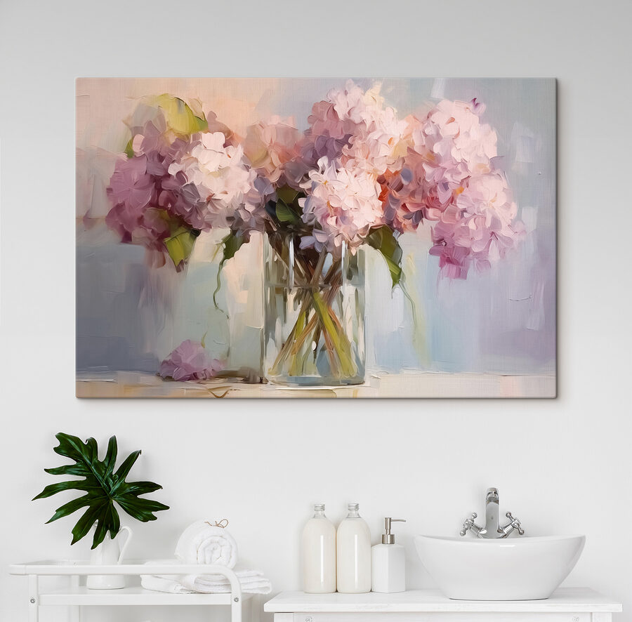 Schilderij van bloemen in een glazen vaas
