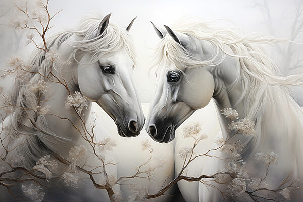 Twee witte paarden met lange manen Twee witte paarden met lange manen
