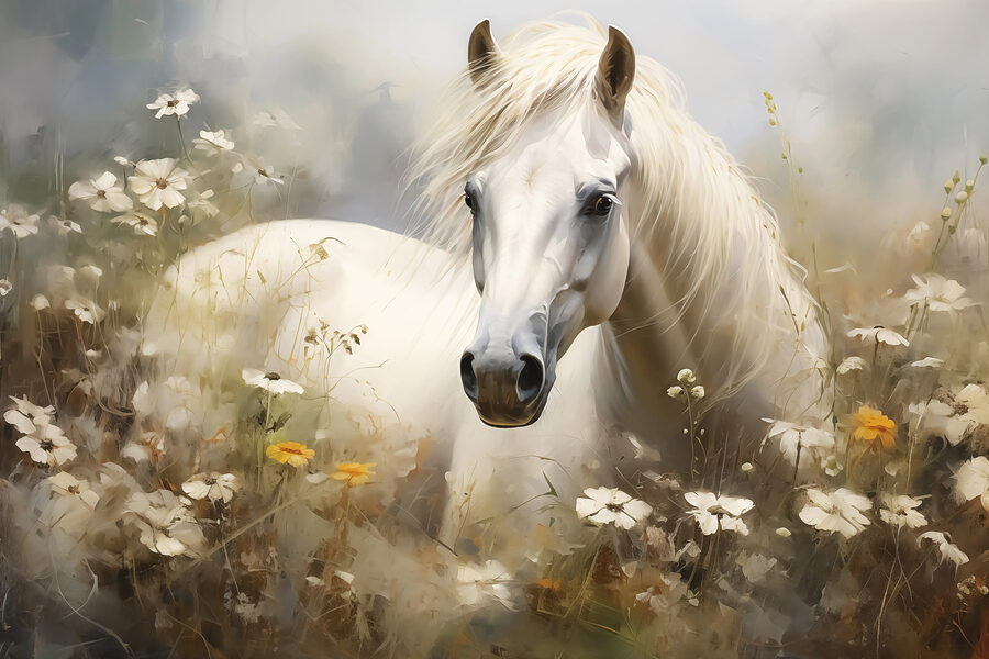 Wit paard in een bloemenveld Wit paard in een bloemenveld