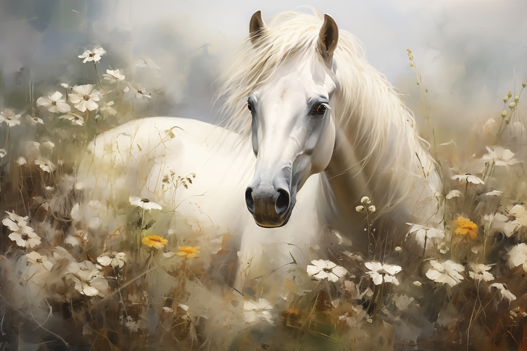 White horse in a field of flowers