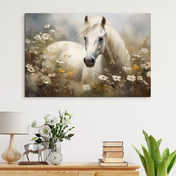 Wit paard in een bloemenveld Wit paard in een bloemenveld