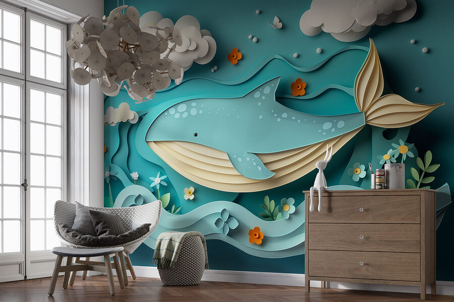 Papier gesneden walvis in de oceaan