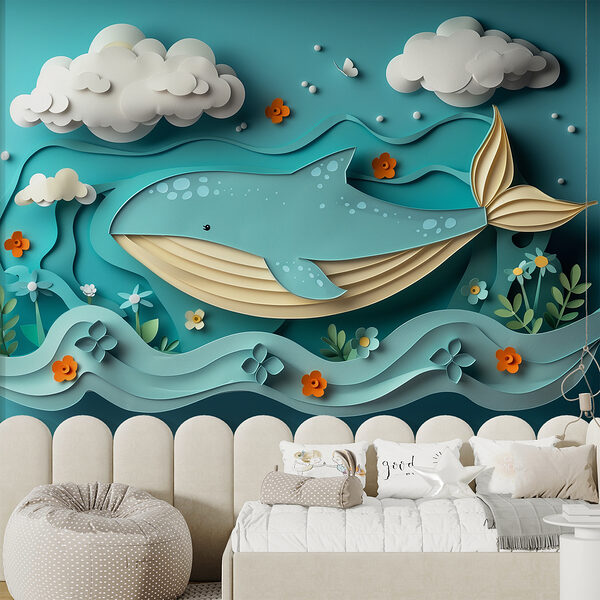 Papier gesneden walvis in de oceaan Papier gesneden walvis in de oceaan