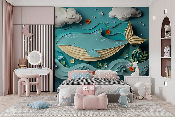 Papier gesneden walvis in de oceaan Papier gesneden walvis in de oceaan
