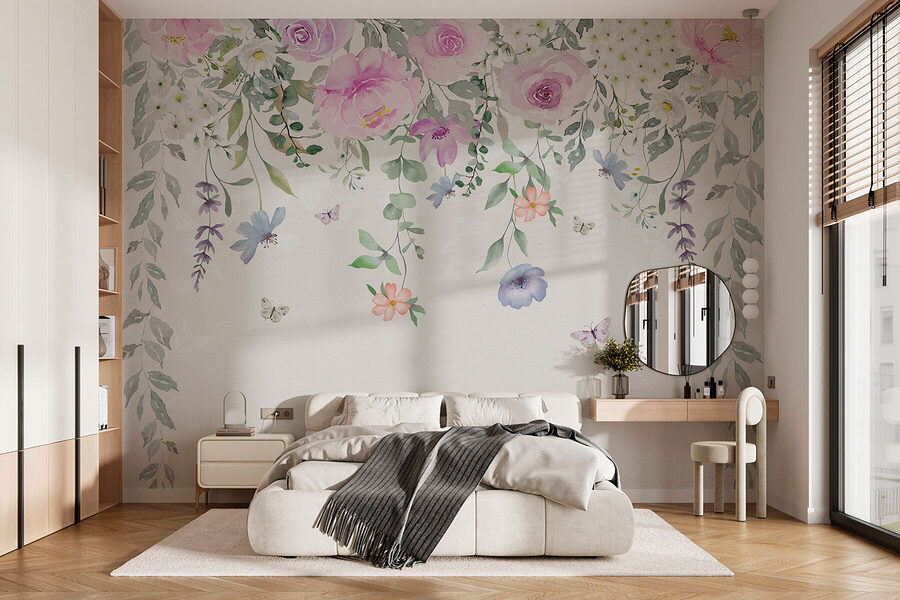 Schilderij van bloemen en vlinders