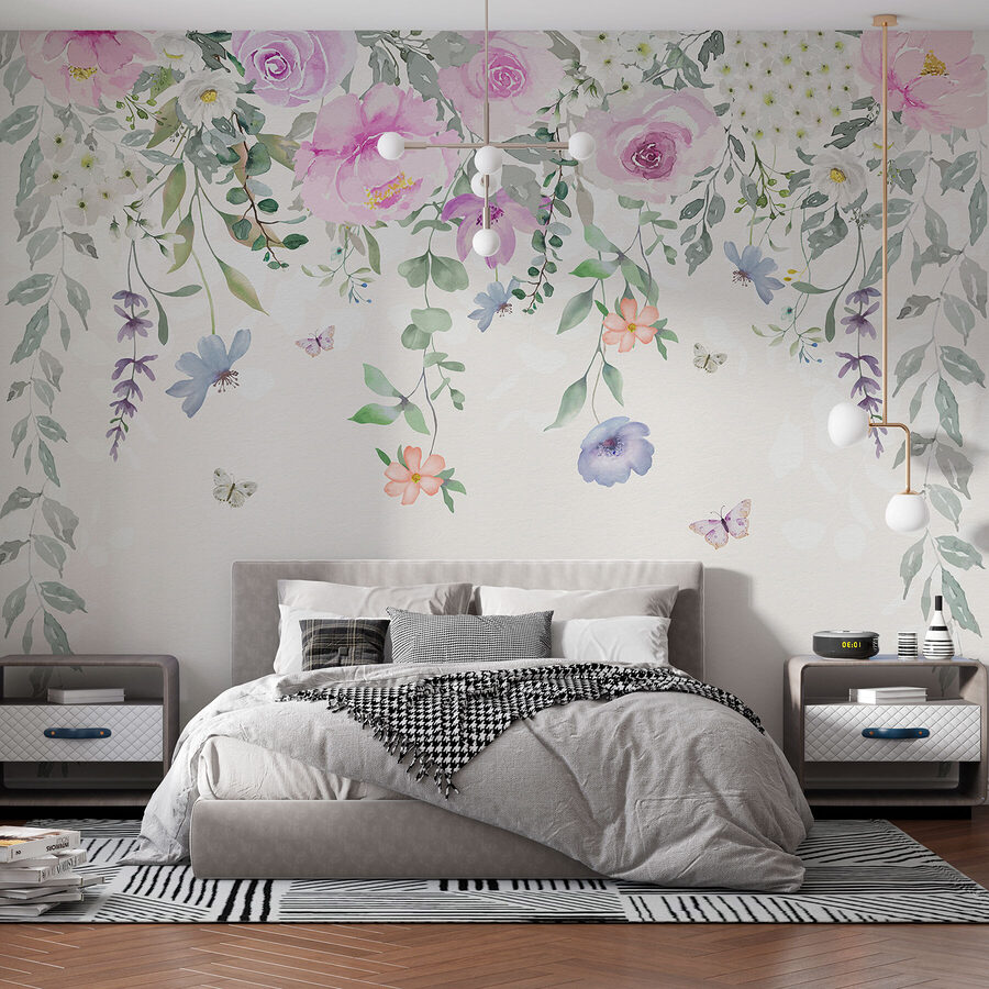 Schilderij van bloemen en vlinders