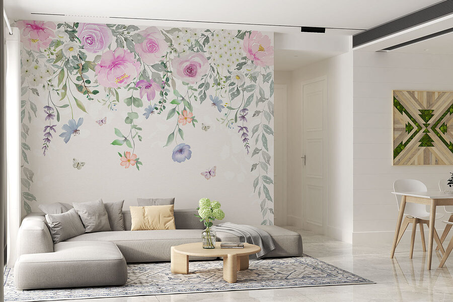 Schilderij van bloemen en vlinders