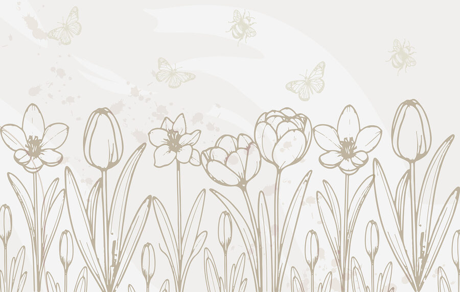 Lijntekening van bloemen en vlinders