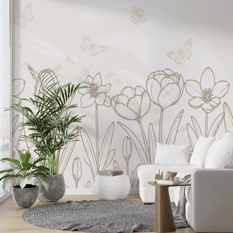 Lijntekening van bloemen en vlinders
