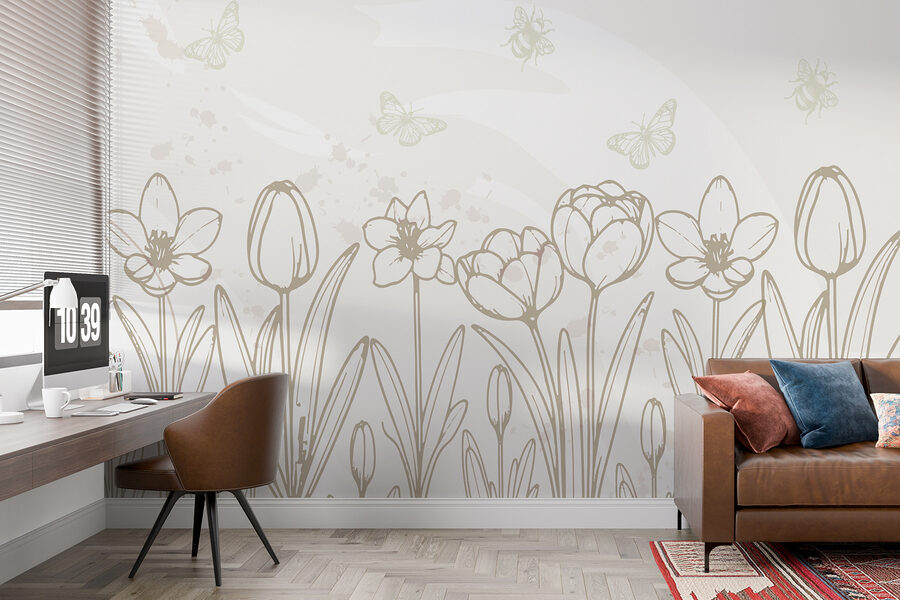 Lijntekening van bloemen en vlinders