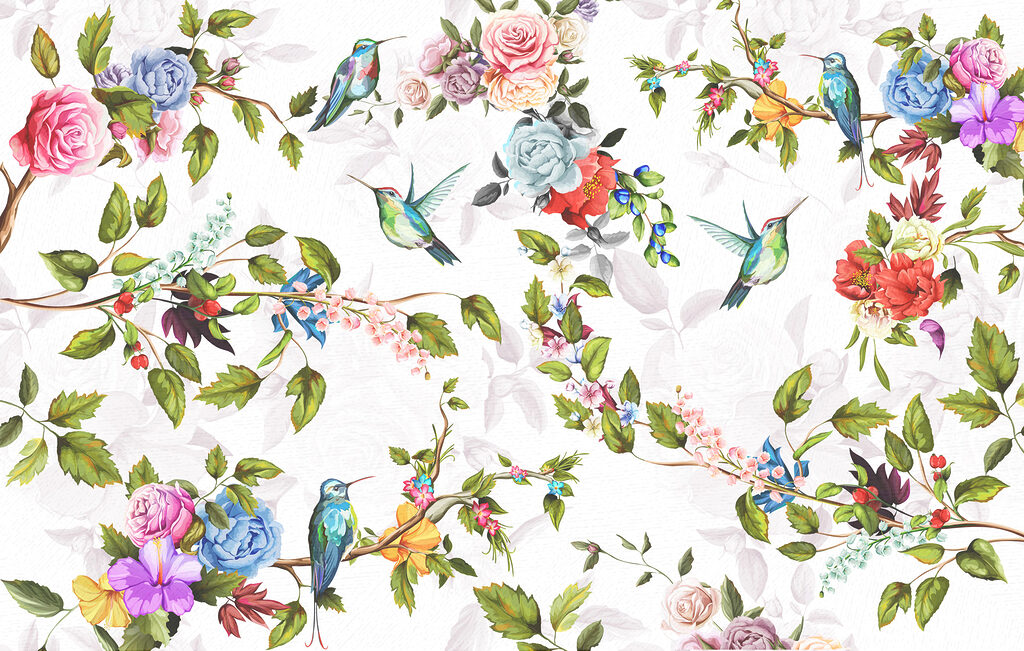 Behang met bloemen en vogels Behang met bloemen en vogels