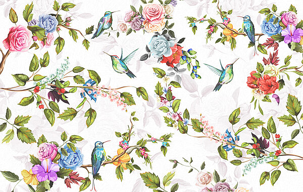 Behang met bloemen en vogels Behang met bloemen en vogels