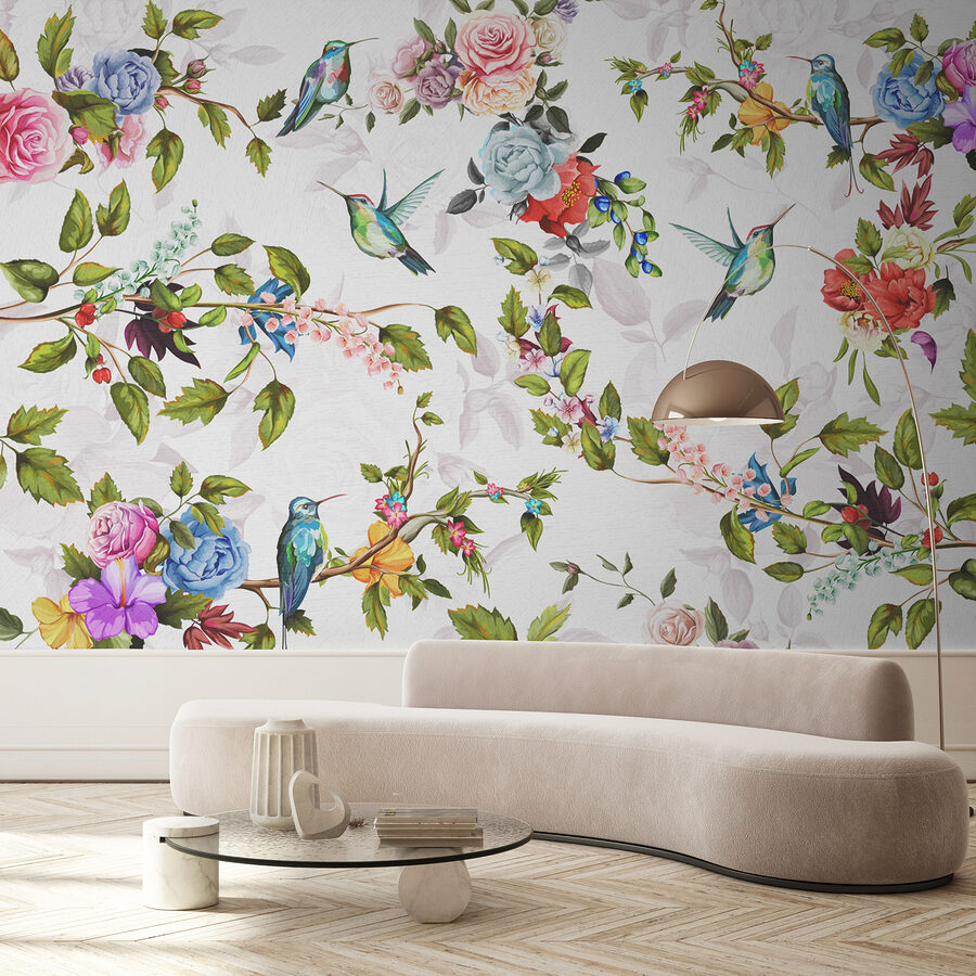 Behang met bloemen en vogels Behang met bloemen en vogels