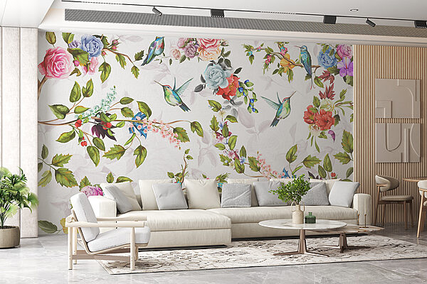 Behang met bloemen en vogels Behang met bloemen en vogels