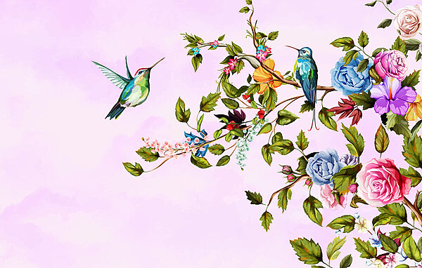 Schilderij van vogels op een tak met bloemen Schilderij van vogels op een tak met bloemen