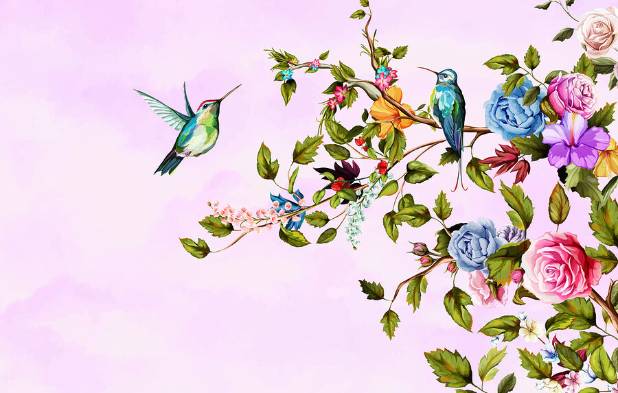 Schilderij van vogels op een tak met bloemen