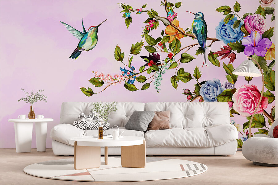 Schilderij van vogels op een tak met bloemen