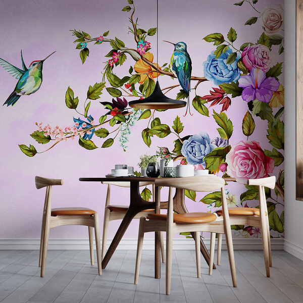 Schilderij van vogels op een tak met bloemen Schilderij van vogels op een tak met bloemen