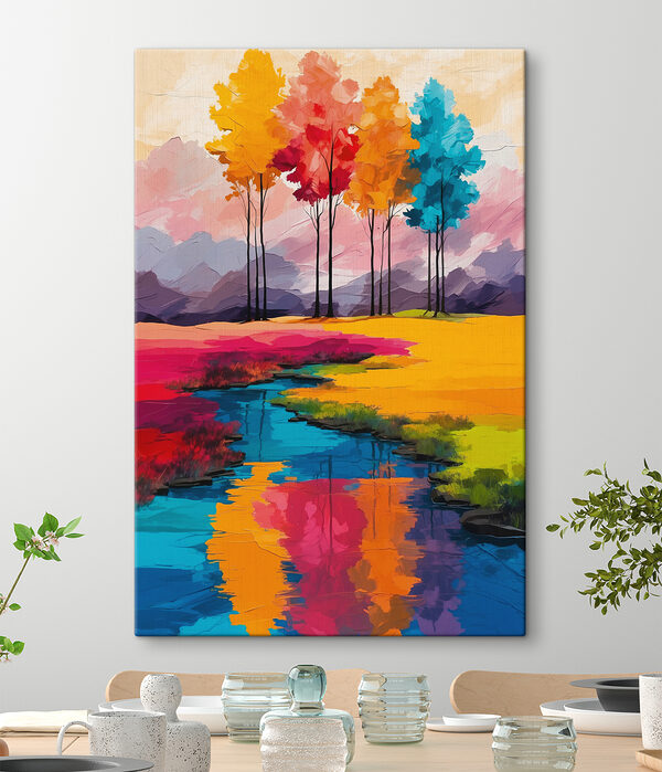 Painting of a river running through a field of colorful trees Painting of a river running through a field of colorful trees