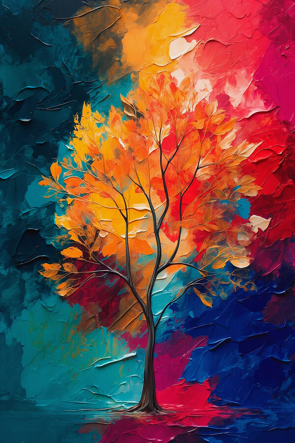 Schilderij van een boom met oranje en blauwe bladeren Schilderij van een boom met oranje en blauwe bladeren