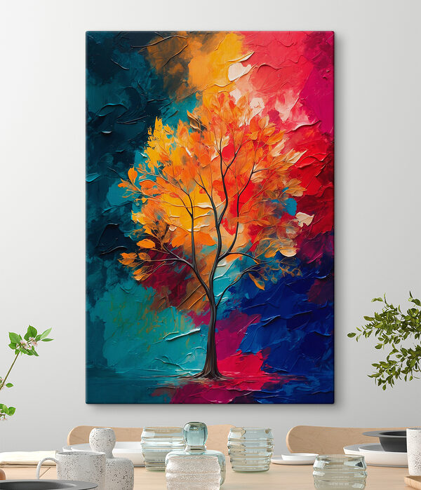 Schilderij van een boom met oranje en blauwe bladeren Schilderij van een boom met oranje en blauwe bladeren