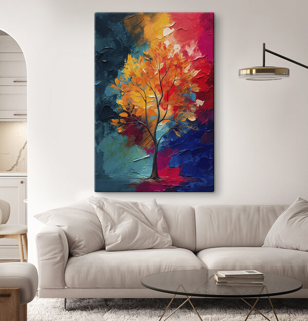 Schilderij van een boom met oranje en blauwe bladeren Schilderij van een boom met oranje en blauwe bladeren