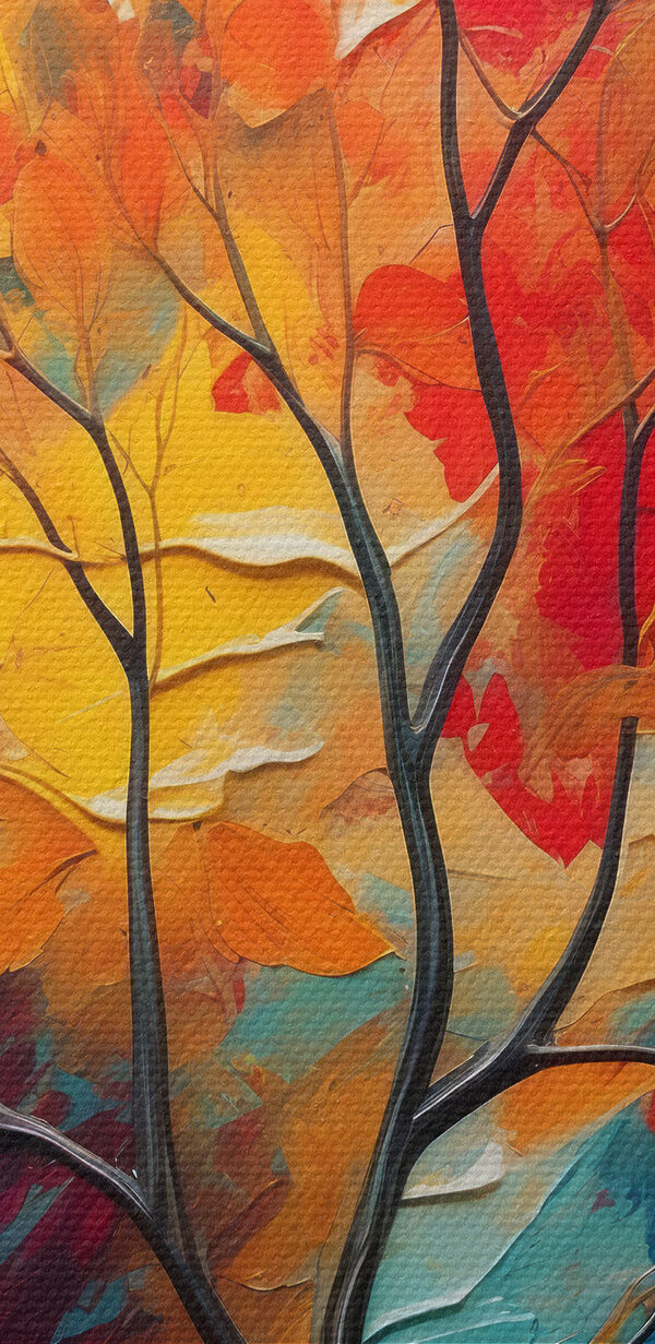 Schilderij van een boom met oranje en blauwe bladeren Schilderij van een boom met oranje en blauwe bladeren