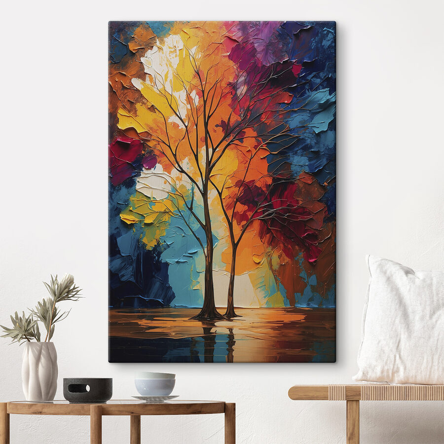 Schilderij van bomen met kleurrijke bladeren