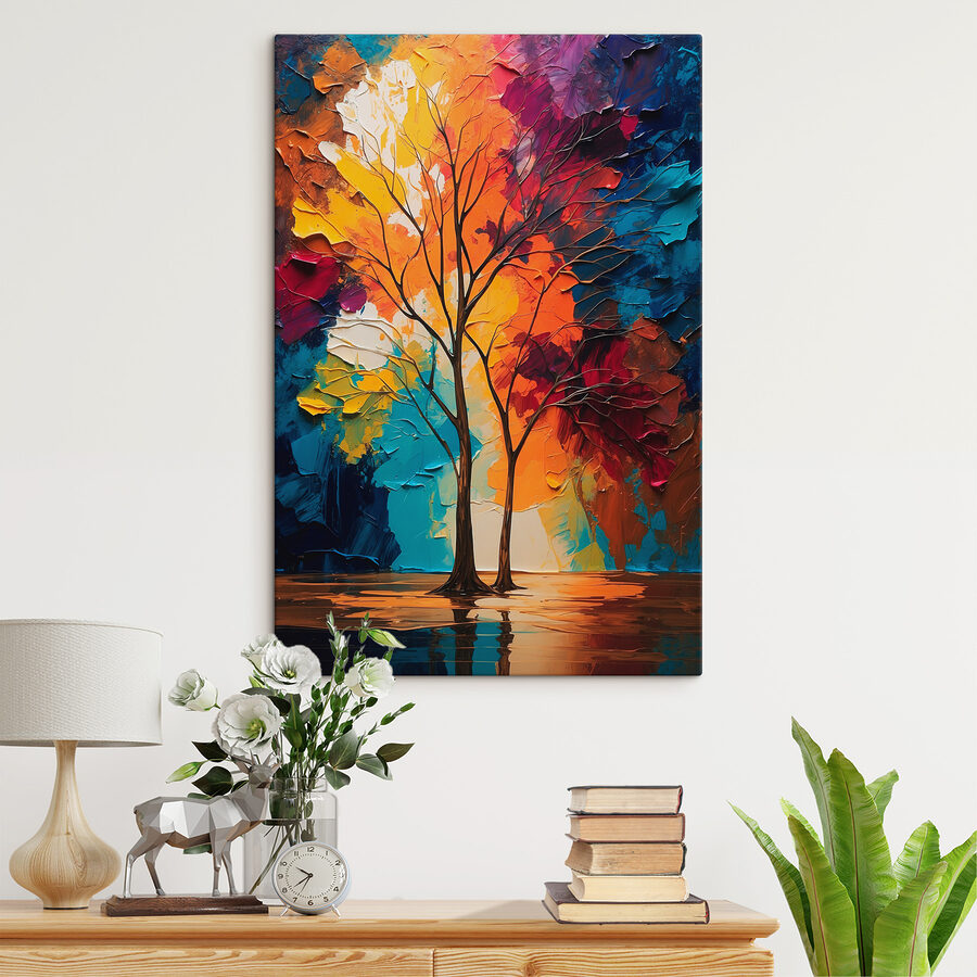 Schilderij van bomen met kleurrijke bladeren