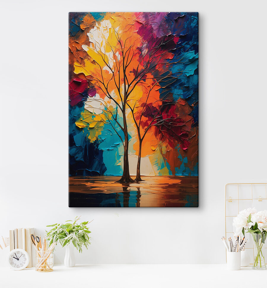 Schilderij van bomen met kleurrijke bladeren