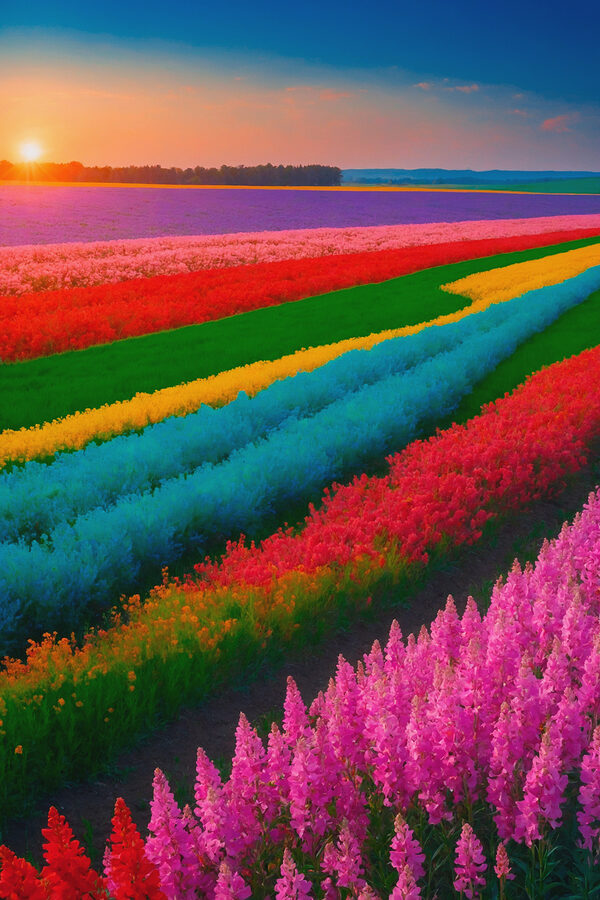Bloemenveld met daarachter de ondergaande zon Bloemenveld met daarachter de ondergaande zon