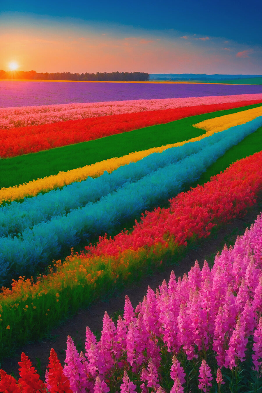 Bloemenveld met daarachter de ondergaande zon