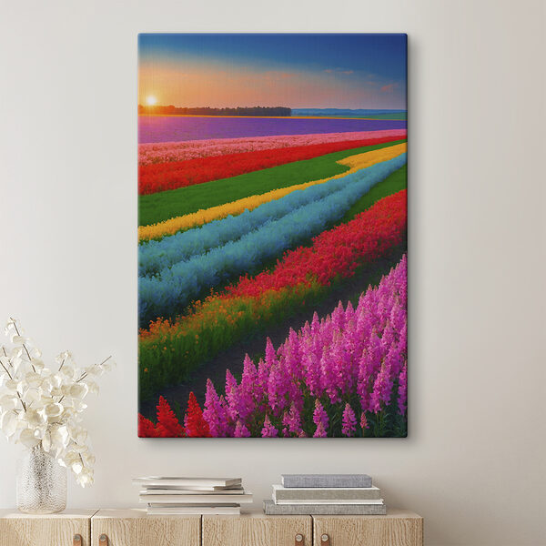 Bloemenveld met daarachter de ondergaande zon Bloemenveld met daarachter de ondergaande zon