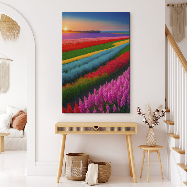 Bloemenveld met daarachter de ondergaande zon Bloemenveld met daarachter de ondergaande zon