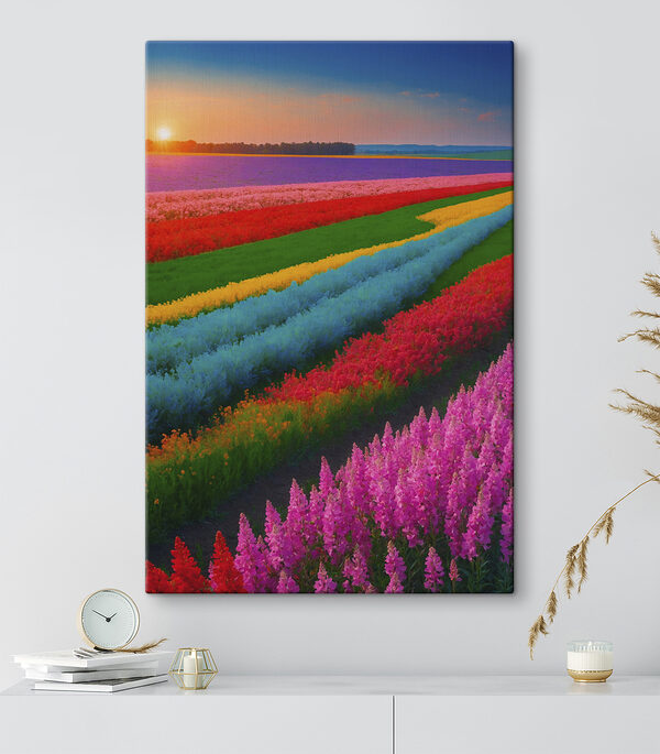 Bloemenveld met daarachter de ondergaande zon Bloemenveld met daarachter de ondergaande zon