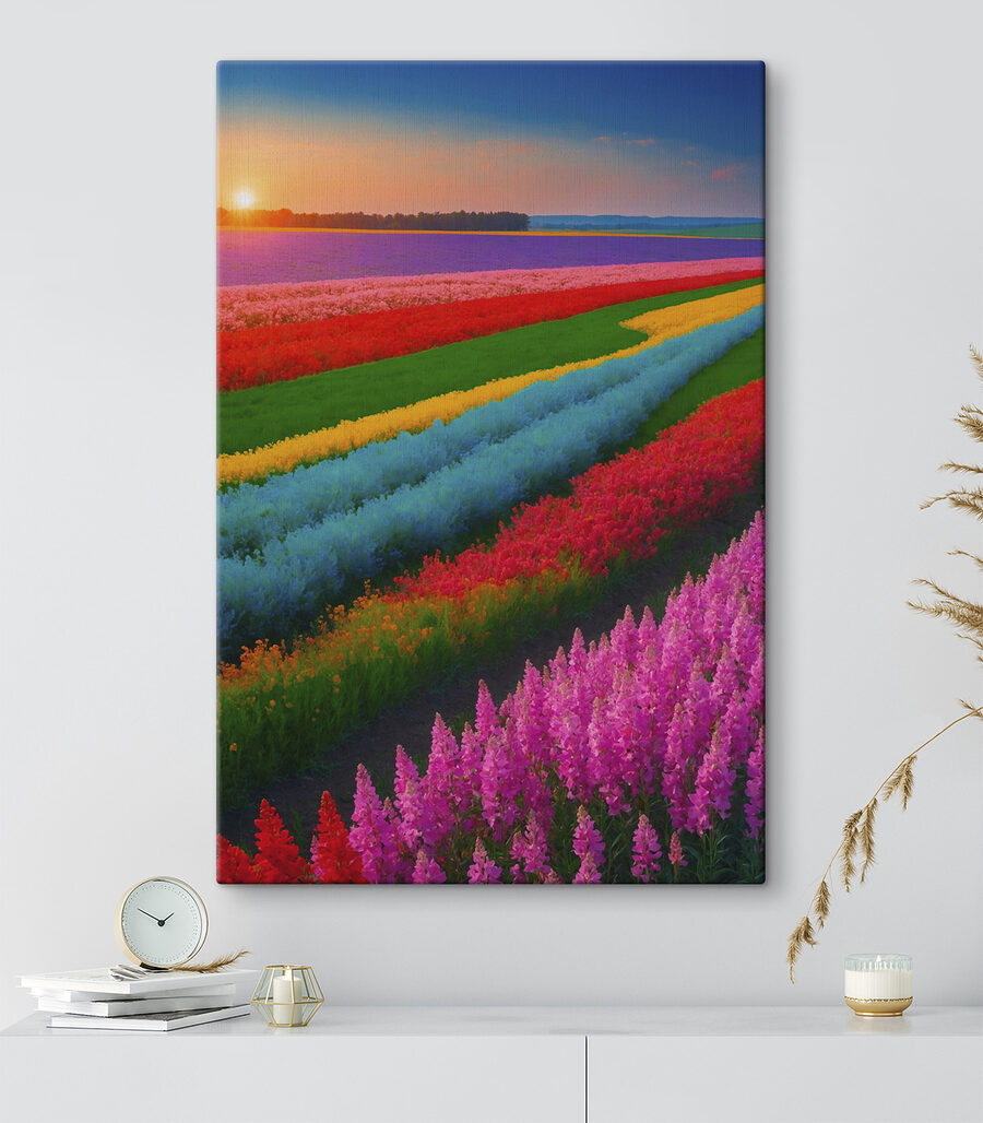 Bloemenveld met daarachter de ondergaande zon