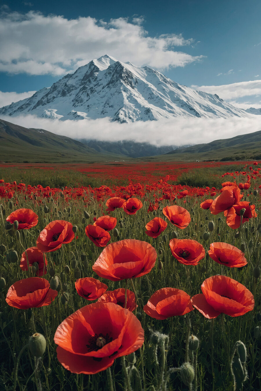 Veld met rode bloemen met een berg op de achtergrond